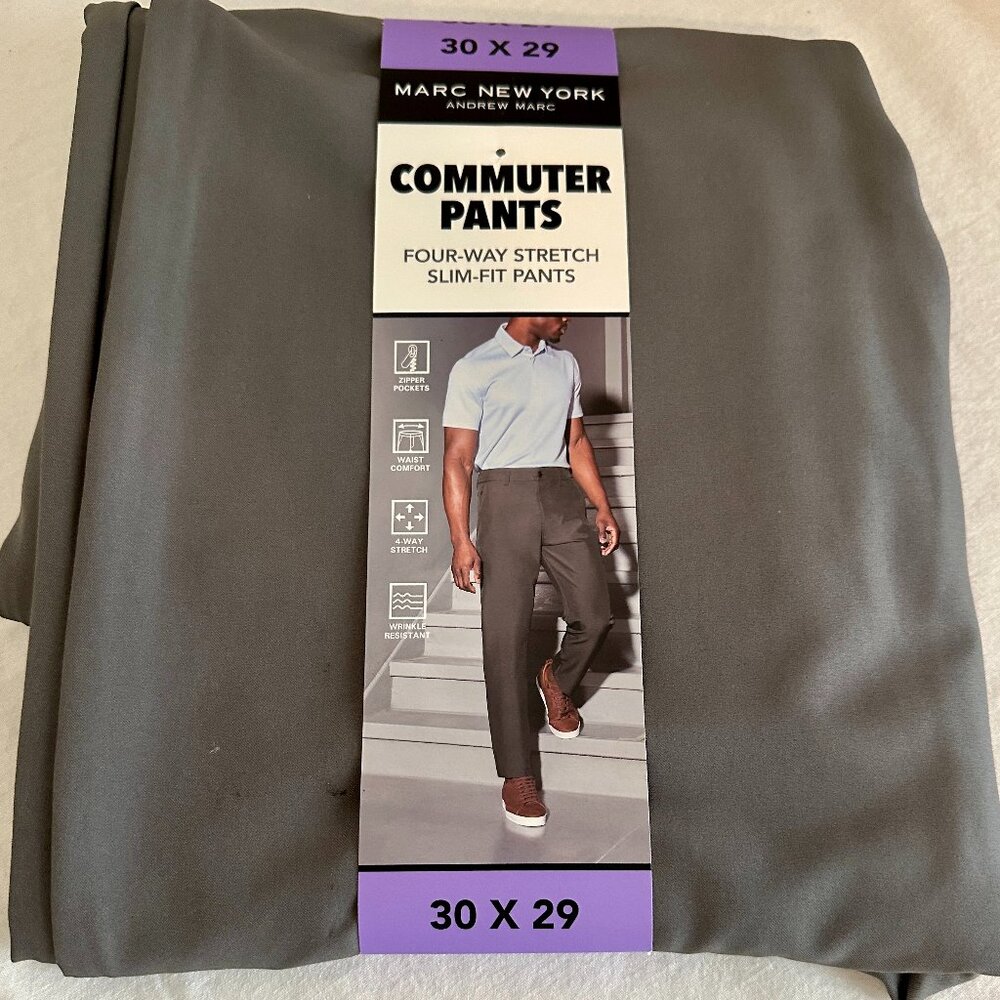 Marc New York Men's Commuter Pant 30X29 Grey Wrinkle Free Stretch Slim Fit (NEW)